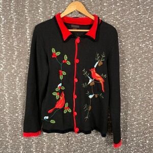 Bobbie Bell Knit Christmas Cardigan Sweater Embroidered Birds Women's Medium